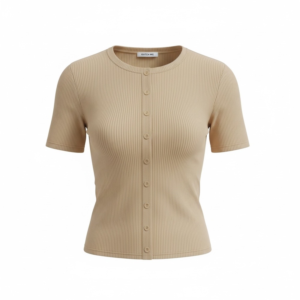 Button-Front Ribbed Short Sleeve Top - Beige -